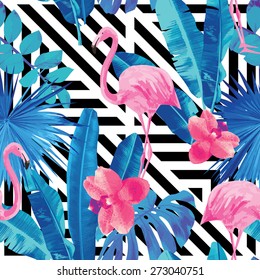 Watercolor tropic pink flamingos and orchid with of trendy blue floral plant jungle palm banana leaf Wallpapers paradise beach summer bird seamless vector pattern. Black and white geometric background