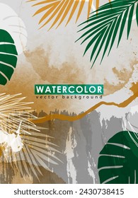 Watercolor tropical abstract design with tropical branches and leaves. Watercolor design for covers, cards, wallpapers, backgrounds, posters and banners