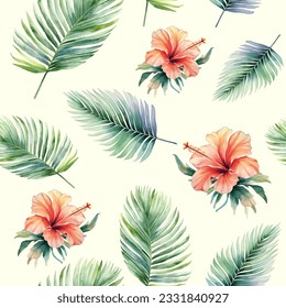 Watercolor tropical background. Seamless realistic vector botanical pattern. Watercolor pattern with exotic flowers