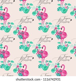 Watercolor tropical blossom flamingo pattern. Seamless background with exotic pink flamingo birds and green tropic palm leaves and flowers. Colorful hand drawn vector illustration.