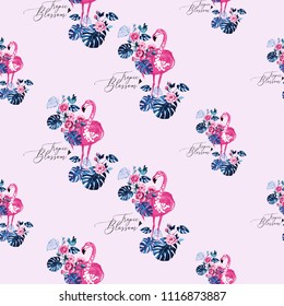 Watercolor tropical blossom flamingo pattern. Seamless background with exotic pink flamingo birds and green tropic palm leaves and flowers. Colorful hand drawn vector illustration.