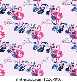 Watercolor tropical blossom flamingo pattern. Seamless background with exotic pink flamingo birds and green tropic palm leaves and flowers. Colorful hand drawn vector illustration.