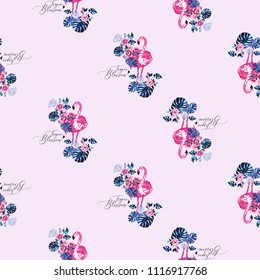Watercolor tropical blossom flamingo pattern. Seamless background with exotic pink flamingo birds and green tropic palm leaves and flowers. Colorful hand drawn vector illustration.