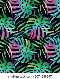 watercolor tropical colorful leaves pattern. artistic, abstract hand drawn exotic leaves. vector illustration 