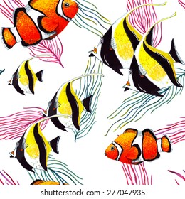 Watercolor Tropical Fish & Algae seamless pattern on white background. Watercolor texture. Cloth & rug design. Red, Yellow, Black & White vector backdrop. Used for pattern fills, web page background.