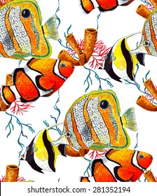 Watercolor Tropical Fish & Coral seamless pattern on white background. Watercolor texture. Cloth & rug design. Red, Yellow, Black vector backdrop. Used for pattern fills, web page background.