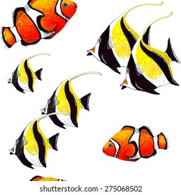 Watercolor Tropical Fish seamless pattern on white background. Watercolor texture. Cloth & rug design. Red, Yellow, Black & White vector backdrop. Used for pattern fills, web page background.