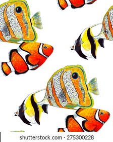 Watercolor Tropical Fish seamless pattern on white background. Watercolor texture. Cloth & rug design. Red, Yellow, Black vector backdrop. Used for pattern fills, web page background, surface texture.