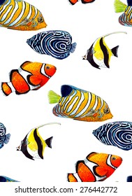 Watercolor Tropical Fish seamless pattern on white background. Watercolor texture. Cloth & rug design. Red, Yellow, Blue & White vector backdrop. Used for pattern fills, web page backgrounds.