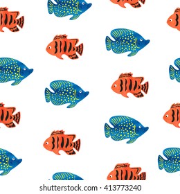 Watercolor tropical fish seamless pattern. Vector background with marine fish. Watercolor texture. Can be used as wallpaper, background, banner, wrapping, web design.