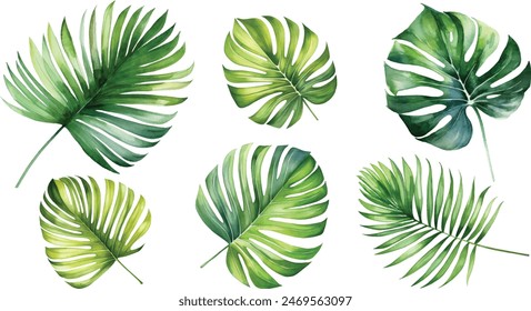 Watercolor tropical floral illustration set with green leaves for wedding stationary, greetings, wallpapers, fashion, backgrounds, textures