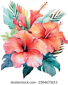 Watercolor tropical flower composition, Hawaiian summer mood