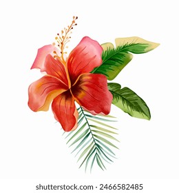 Watercolor tropical flower. Red. Vector bouquet with palm leaves. Exotic foliage, wild floral. 