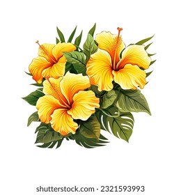 Watercolor tropical flower, red,yellow,purple hibiscus with leaves and bud, Hawaiian flower composition