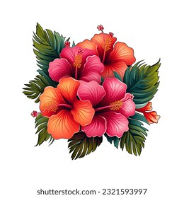 Watercolor tropical flower, red,yellow,purple hibiscus with leaves and bud, Hawaiian flower composition