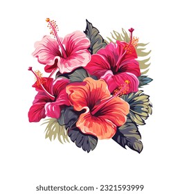 Watercolor tropical flower, red,yellow,purple hibiscus with leaves and bud, Hawaiian flower composition