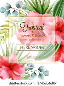 Watercolor Tropical flowers and herbarium leaves with place for text. Greeting card. Vector