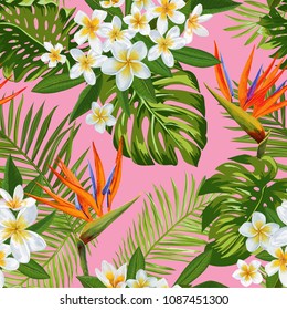 Watercolor Tropical Flowers and Palm Leaves Seamless Pattern. Floral Hand Drawn Background. Exotic Blooming Plumeria Flowers Design for Fabric, Textile, Wallpaper. Vector illustration