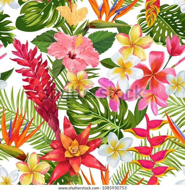 水彩の熱帯の花とヤシの葉のシームレスな模様 花柄の手描きの背景 エキゾチックに開花するプルメリアの花デザインで 布地 繊維 壁紙 などに使用できます ベクターイラスト のベクター画像素材 ロイヤリティフリー