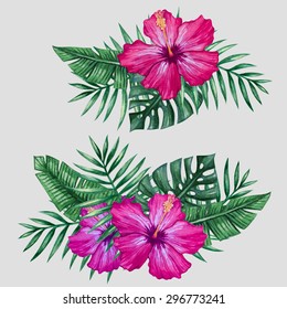 Watercolor tropical flowers and palm tree leaves. Vector illustration.