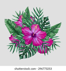 Watercolor tropical flowers and palm tree leaves. Vector illustration.