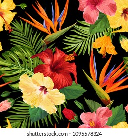 Watercolor Tropical Flowers Seamless Pattern. Floral Hand Drawn Background. Exotic Blooming Hibiskus Flowers Design for Fabric, Textile, Wallpaper. Vector illustration