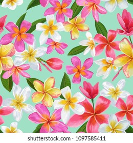 Watercolor Tropical Flowers Seamless Pattern. Floral Hand Drawn Background. Exotic Plumeria Flowers Design for Fabric, Textile, Wallpaper. Vector illustration