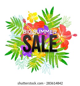 Watercolor tropical flowers vector bouquet with black Big Summer Sale sign