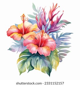 Watercolor tropical flowers. Vector flowers with colorfull leaves. Exotic foliage, wild floral. 