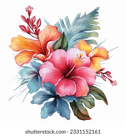 Watercolor tropical flowers. Vector flowers with colorfull leaves. Exotic foliage, wild floral. 