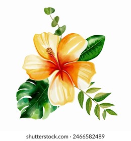 Watercolor tropical flowers. Yellow. Vector bouquet with colorfull leaves. Exotic foliage, wild floral. 