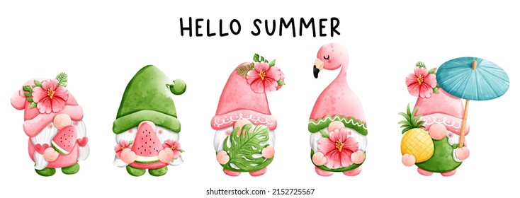 Watercolor tropical gnomes, vector illustration