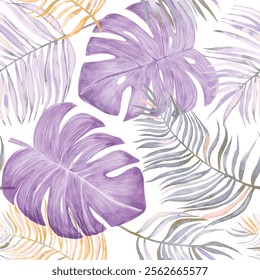 Watercolor Tropical Leaf Pattern in Pastel Purple and Grey