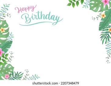 Watercolor tropical leaves Birthday card template.  Hand painted watercolor illustration, tropic summertime jungle motif banner, birthday greeting, Invitation template.