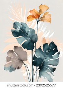 Watercolor Tropical Leaves and Flowers vector illustration. Variety of tropical leaves, including monstera and palm