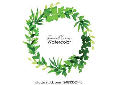 Watercolor tropical leaves frrame illustration. Summer tropical frame  leaves. Watercolor vector banner tropical leaves isolated on white background.