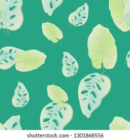 Watercolor Tropical Leaves Seamless Pattern, Square Repeat Template, Leaf Illustration for Wallpaper or Background, Soft Color of Plant Hand Drawn, Green