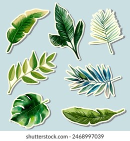 Watercolor tropical leaves stickers. Set of exotic leaves. Hand drawn floral stickers. Palm leaves. 