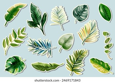 Watercolor tropical leaves stickers. Set of exotic leaves. Hand drawn floral stickers. Palm leaves. 