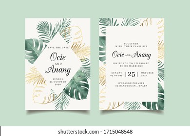 Watercolor Tropical Leaves Wedding Invitation With Golden Leaves
