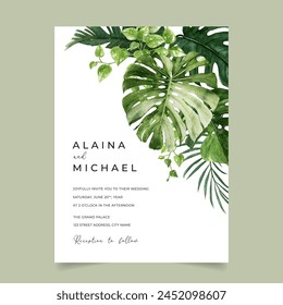 Acuarela Tropical Hojas Invitación de Boda Plantilla, Tarjeta de Invitación con Monstera, Hojas de Palma y Plátano