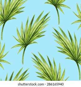 Watercolor tropical palm leaves seamless pattern. Vector illustration.
