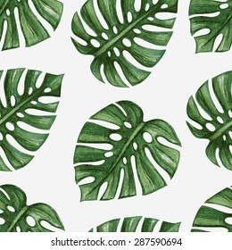 Watercolor tropical palm leaves seamless pattern. Vector illustration.