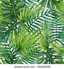 Watercolor Tropical Palm Leaves Seamless Pattern. Vector Illustration.