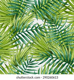 Watercolor tropical palm leaves seamless pattern. Vector illustration.