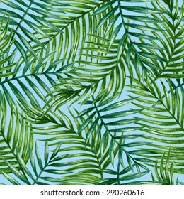 Watercolor tropical palm leaves seamless pattern. Vector illustration.