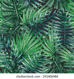 Watercolor Tropical Palm Leaves Seamless Pattern. Vector Illustration.