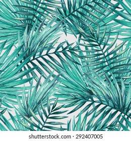 Watercolor tropical palm leaves seamless pattern. Vector illustration.