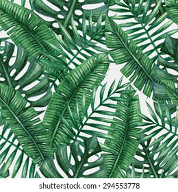 Watercolor tropical palm leaves seamless pattern. Vector illustration.