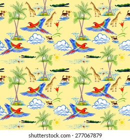 Watercolor Tropical parrots, palm, clouds, boat, sailboat, dog, crocodile and giraffes exotic seamless pattern on yellow background vector illustration